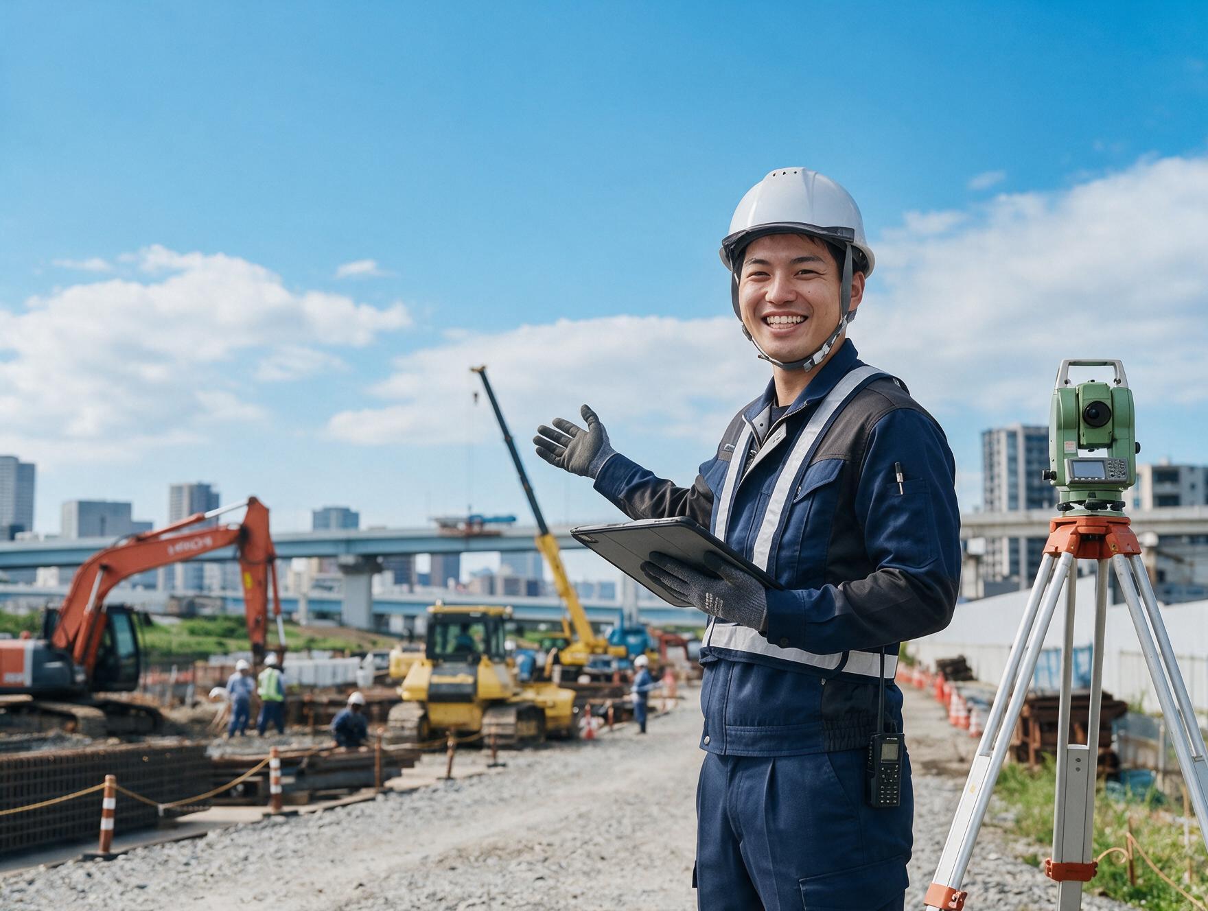 青空の施工現場で測量機器と働く若手社員