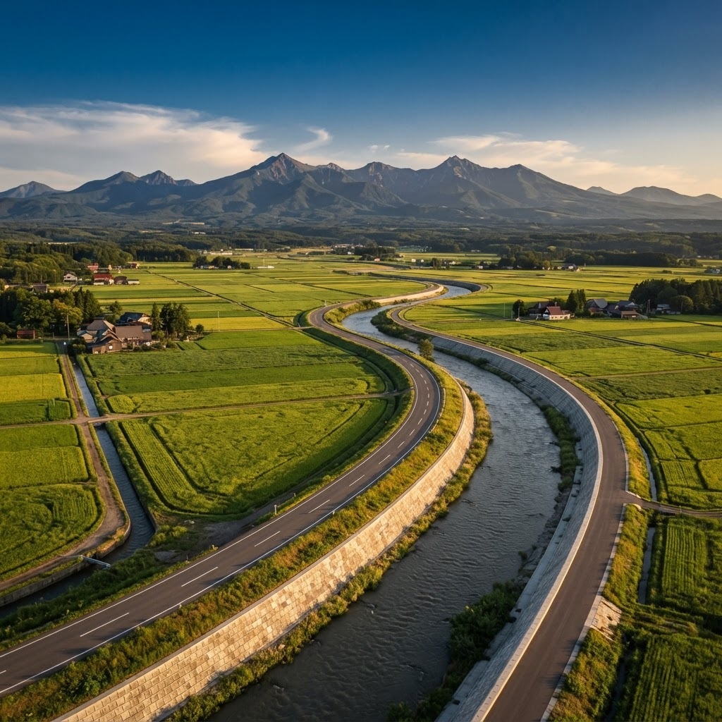 北海道の農業土木・道路・河川インフラの俯瞰風景